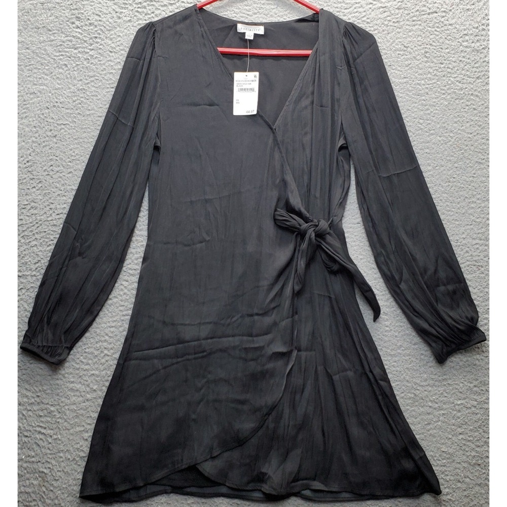 SOCIALITE Wrap Dress Womens XS Black Regular Long Sleeve Surplice Neck Tie Waist